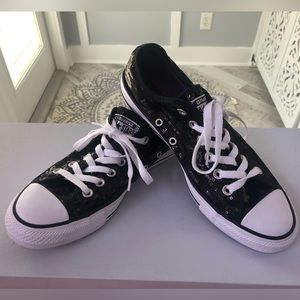 Converse All Star Low tops White and Black Sequin sneakers. Gently used. Size 8